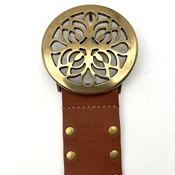 Vintage Y2K Calvin Klein 610664 Brown Studded Leather Brass Medallion Belt L 40\